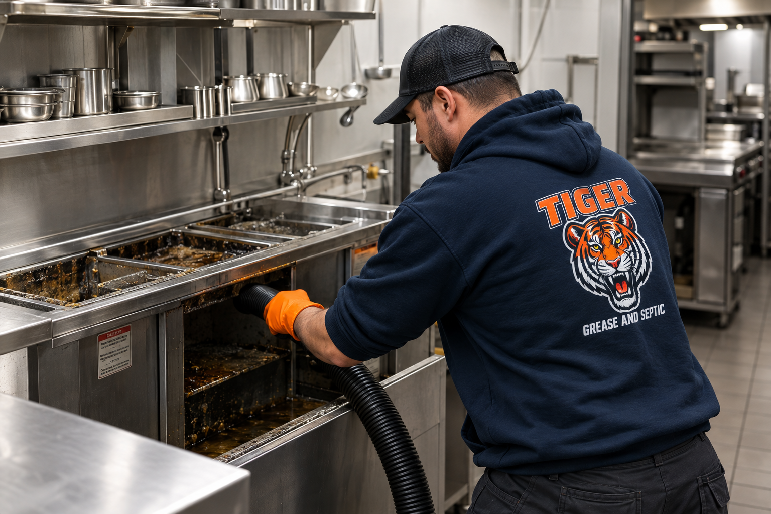 Technician cleaning a grease trap in a commercial kitchen