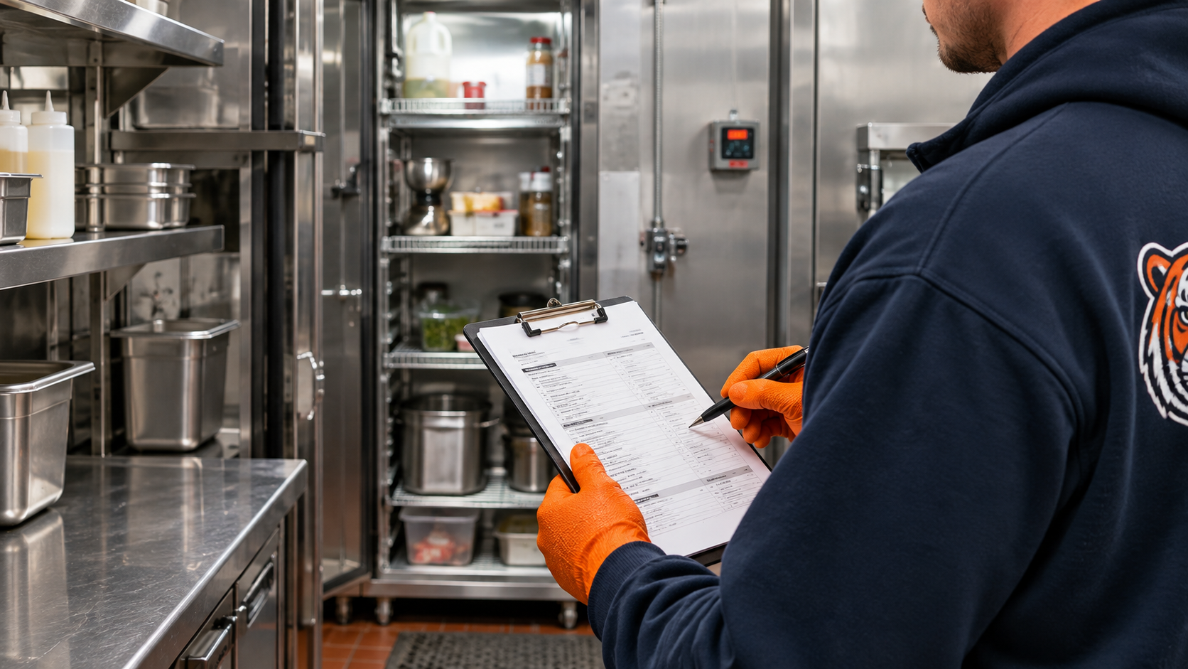 Technician documenting grease trap maintenance